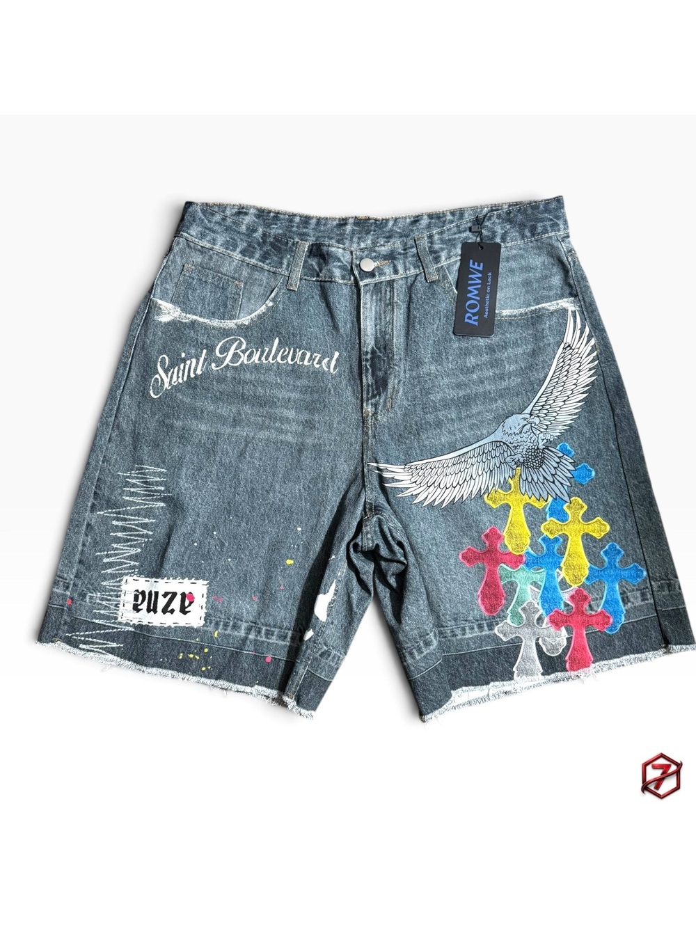 ROMWE Men’s Denim Shorts Size 36 Gray Acid Wash Eagle Cross Graphic Streetwear